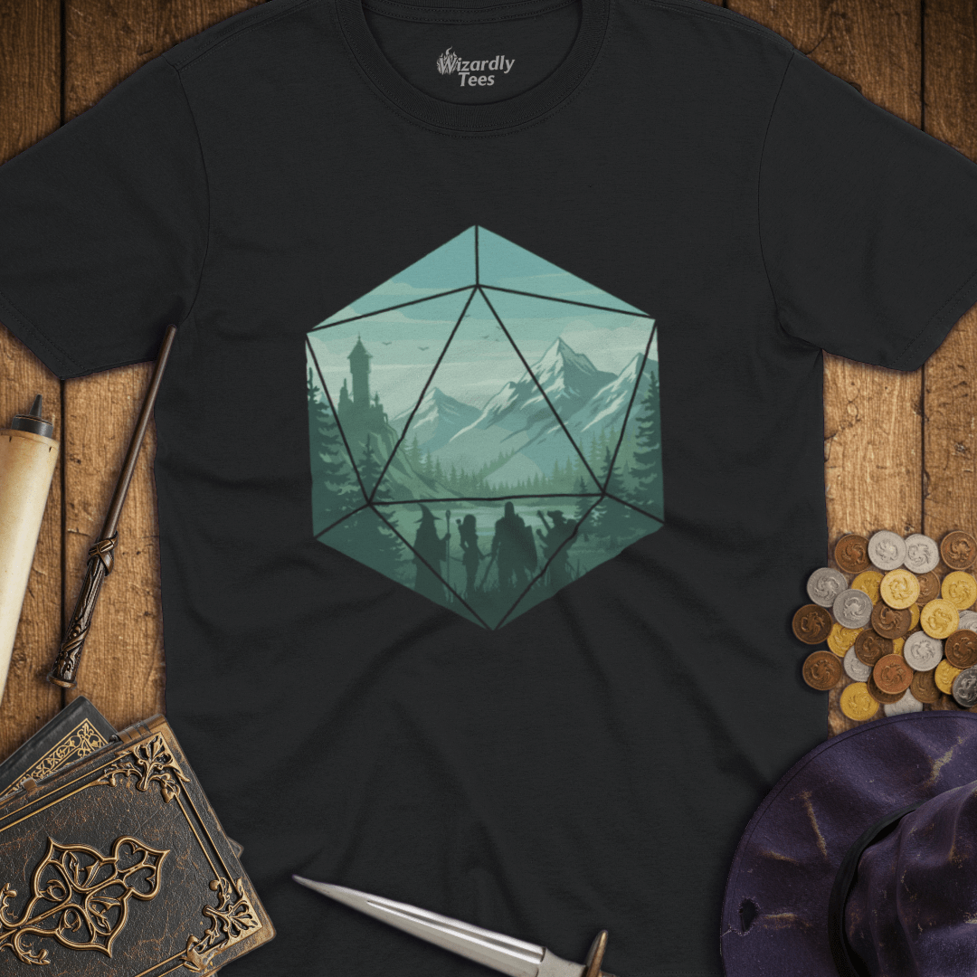 Adventure Party Teal Mountains D20 Hexagon T-shirt