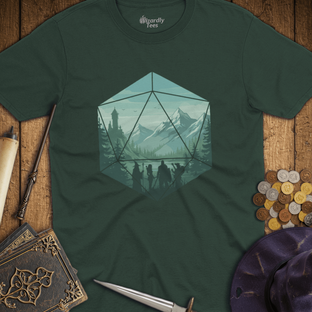 Adventure Party Teal Mountains D20 Hexagon T-shirt