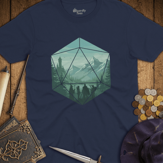 Adventure Party Teal Mountains D20 Hexagon T-shirt