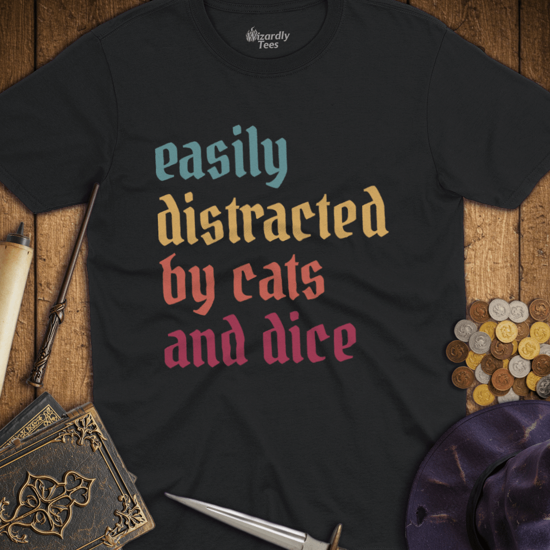 Easily Distracted by Cats and Dice Retro T-shirt