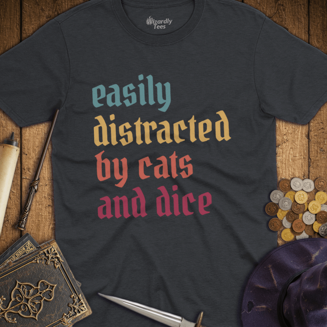 Easily Distracted by Cats and Dice Retro T-shirt