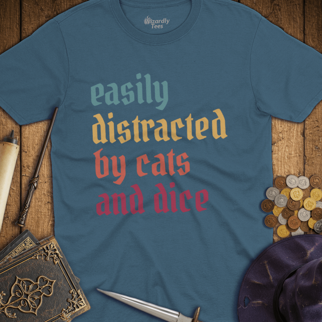 Easily Distracted by Cats and Dice Retro T-shirt