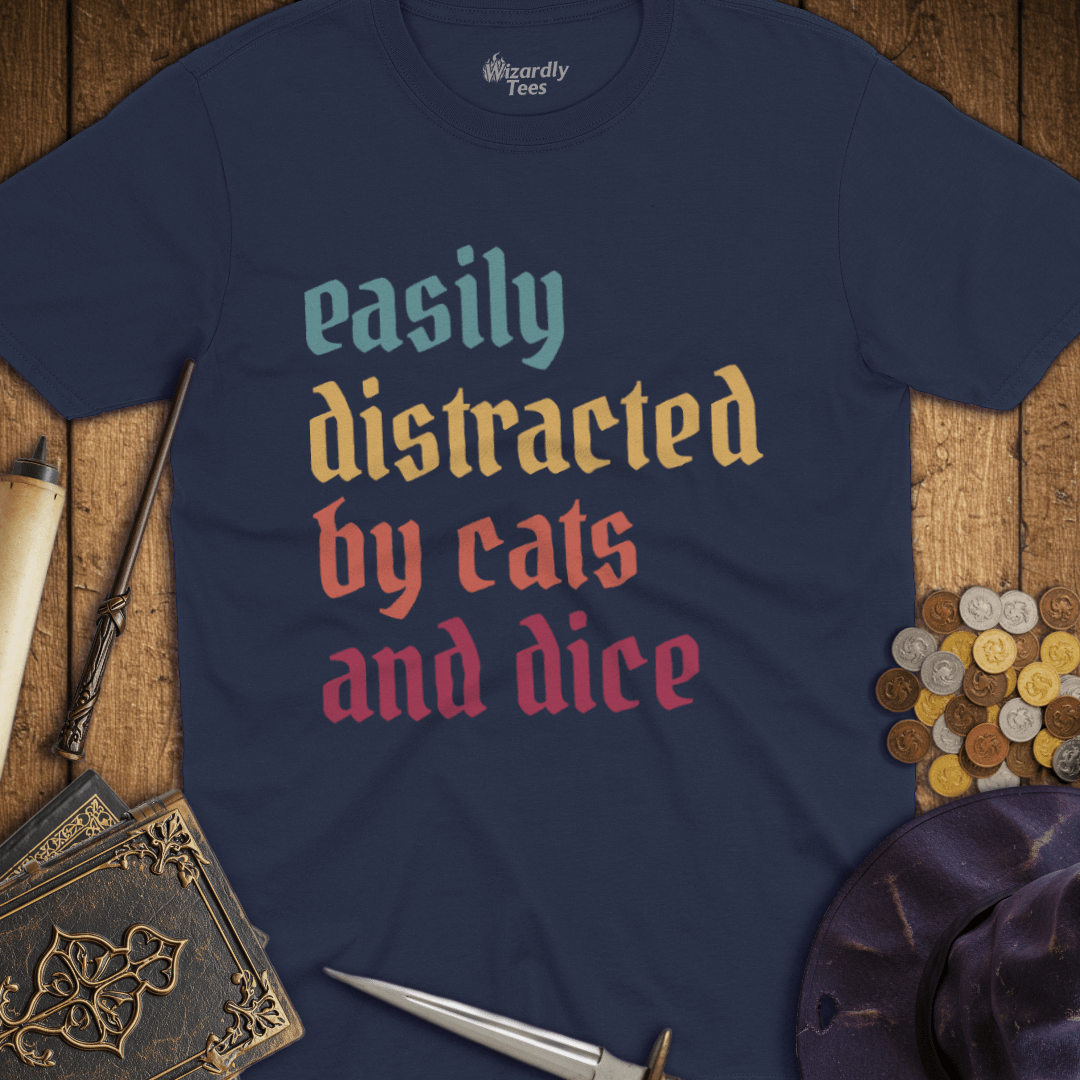 Easily Distracted by Cats and Dice Retro T-shirt
