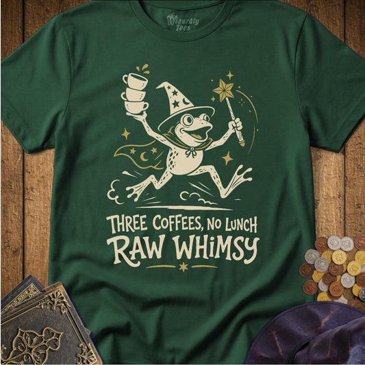 Three Coffees No Lunch Raw Whimsy T-Shirt_WD_Forest Green.jpg