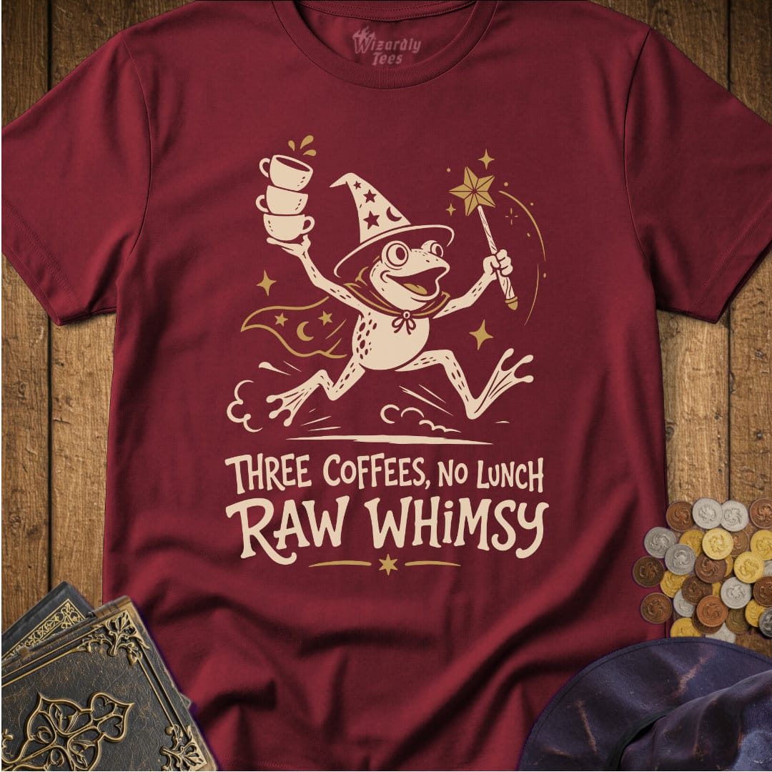 Three Coffees No Lunch Raw Whimsy T-Shirt_WD_Maroon.jpg