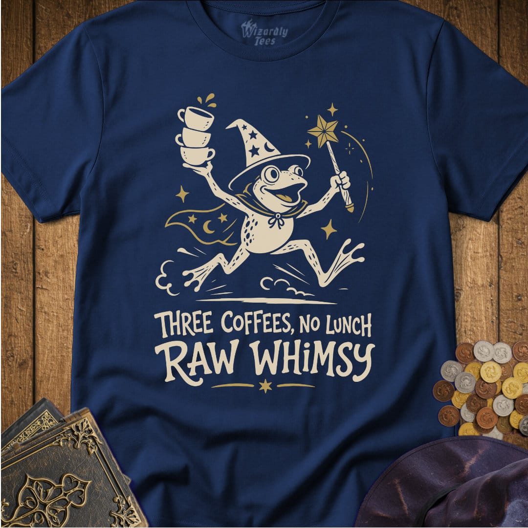 Three Coffees No Lunch Raw Whimsy T-Shirt_WD_Navy.jpg