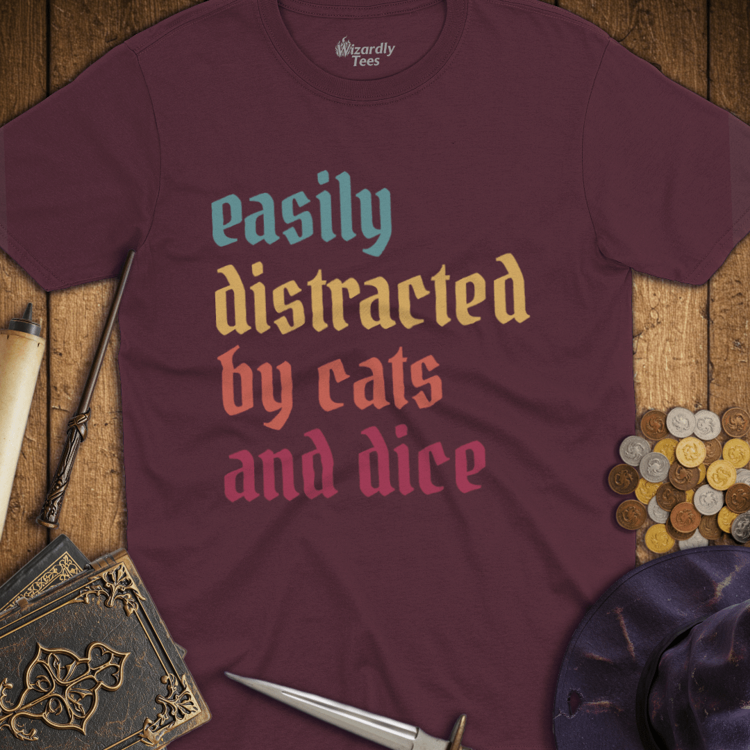 Easily Distracted by Cats and Dice Retro T-shirt
