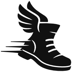 Black silhouette of a running shoe with wings on a white background