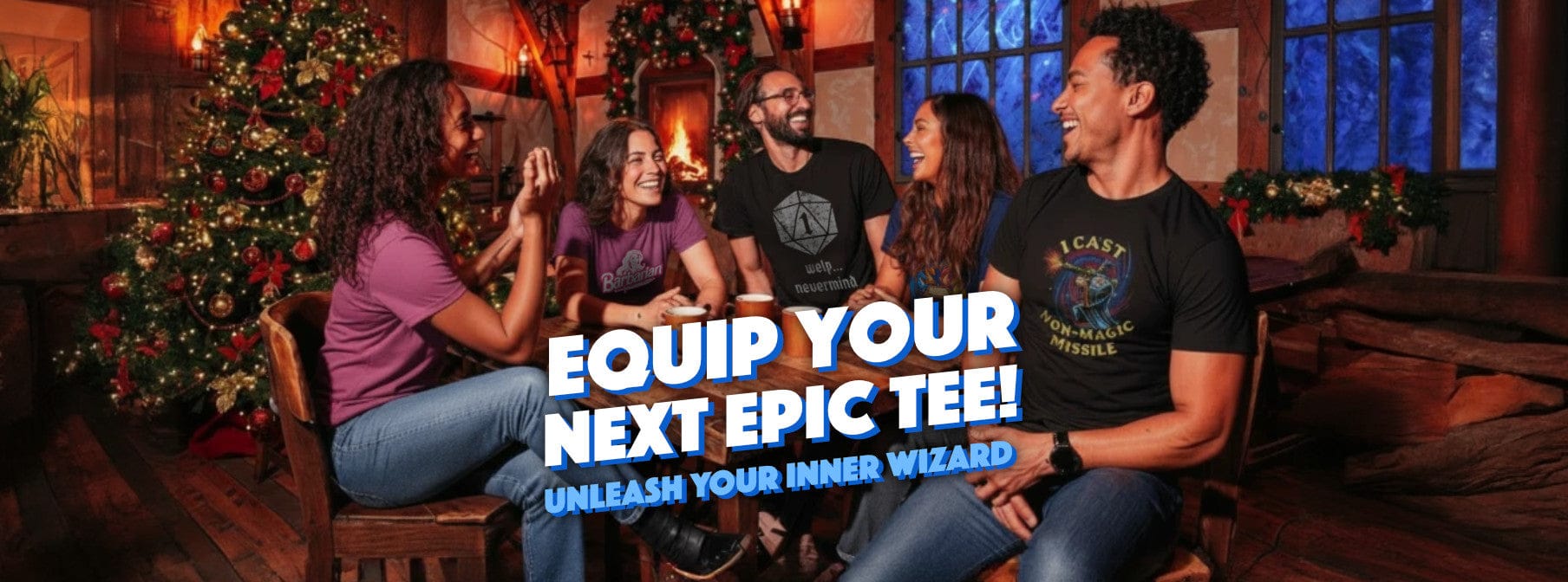 Group of people sitting together in a cozy room with Christmas decorations, promoting an ' Equip Your Next Epic Tee!' campaign.