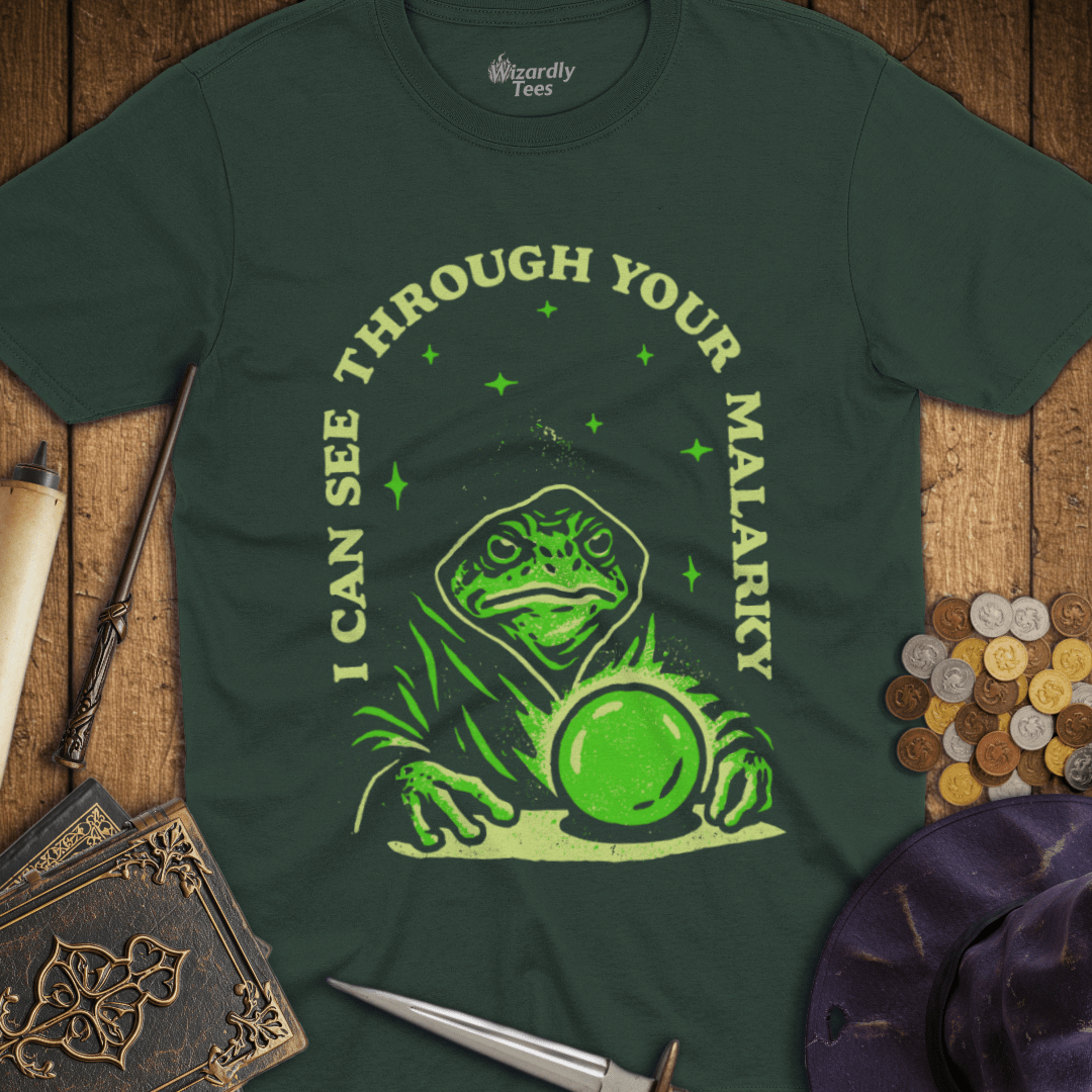 I Can See Through Your Malarky Frog Wizard T-Shirt